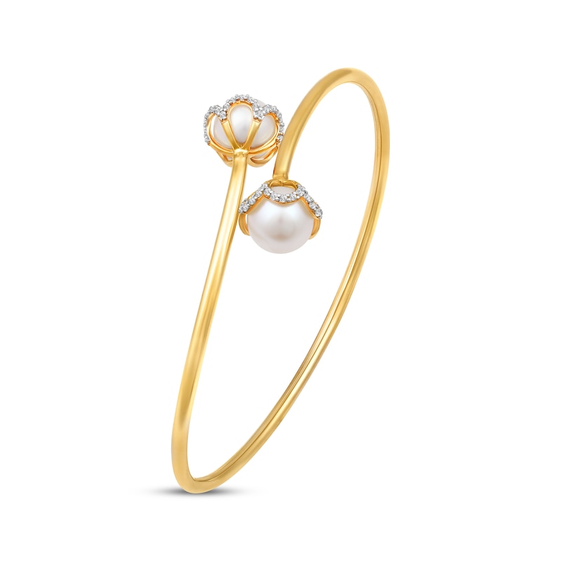 Cultured Pearl & Diamond Bypass Flower Bangle Bracelet 1/4 ct tw 10K Yellow Gold