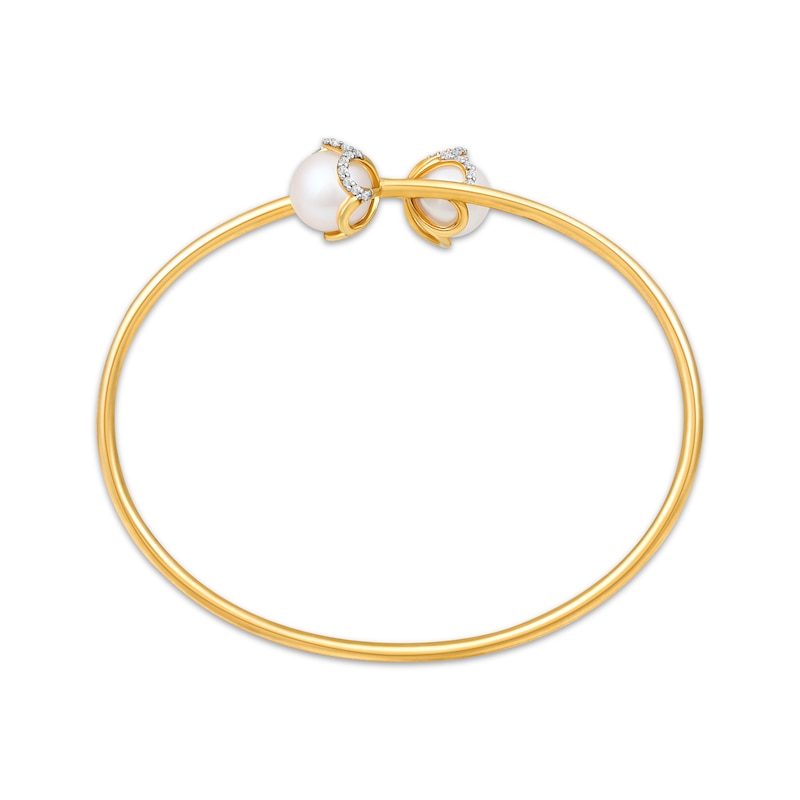 Cultured Pearl & Diamond Bypass Flower Bangle Bracelet 1/4 ct tw 10K Yellow Gold
