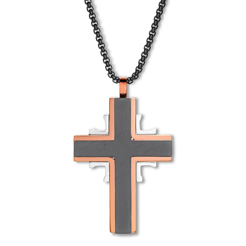 Cross Necklace Black & Rose Ion-Plated Stainless Steel 24"