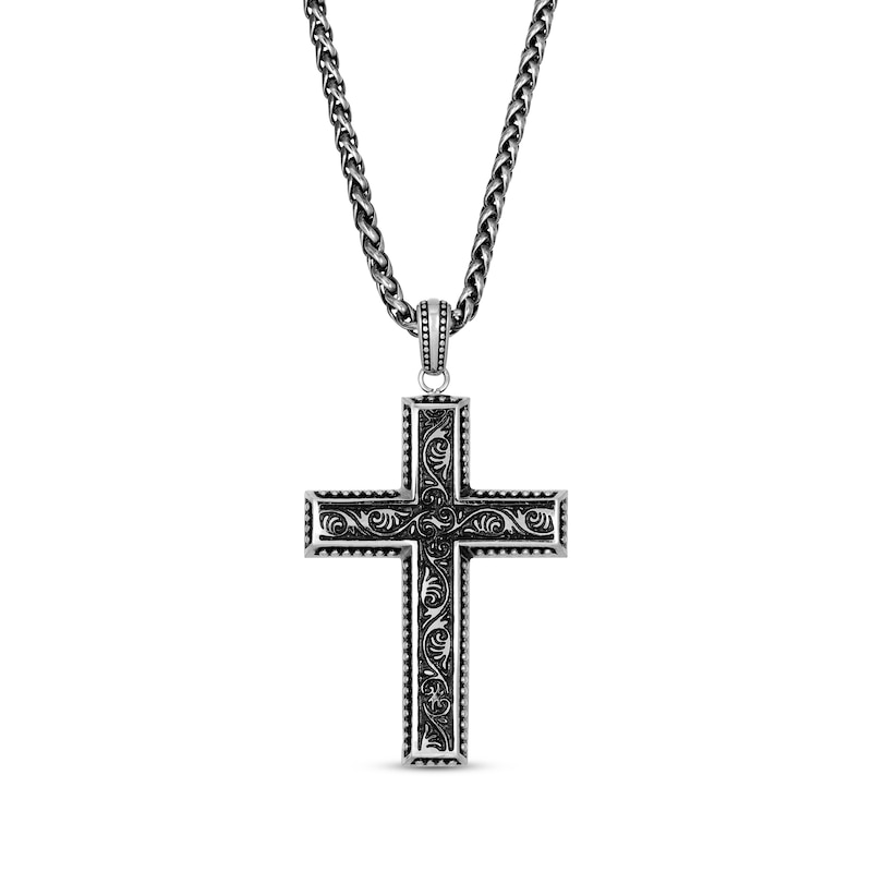 Engraved Cross Necklace Stainless Steel 24"