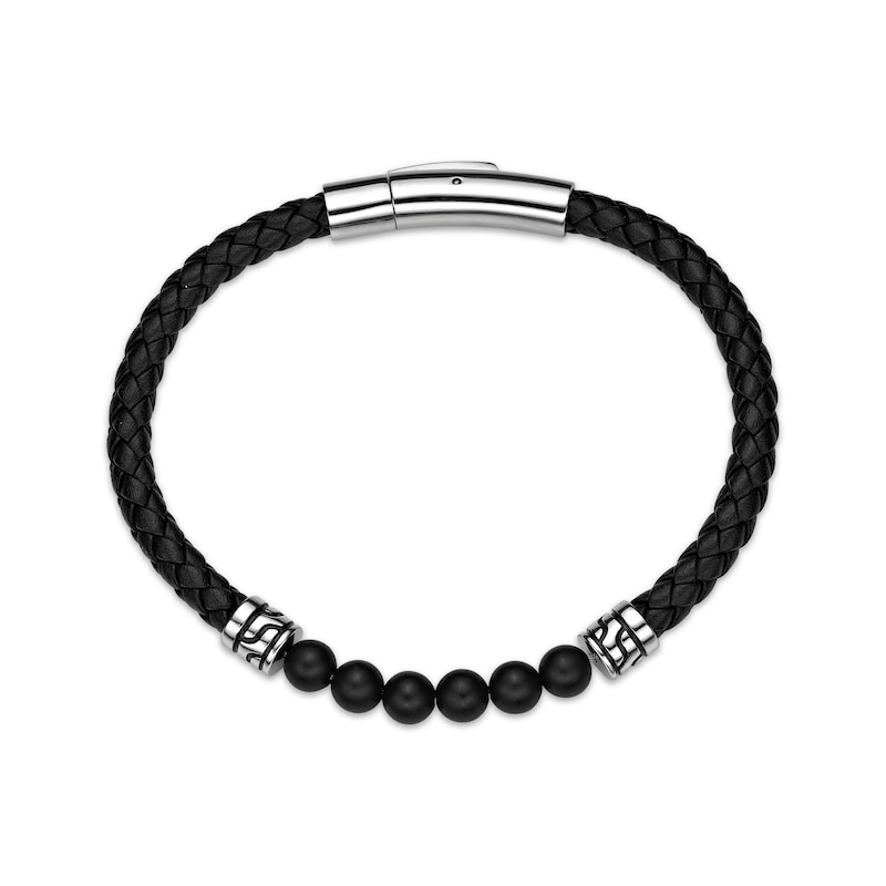 Men's Agate Beaded & Black Leather Bracelet Stainless Steel 8.5"