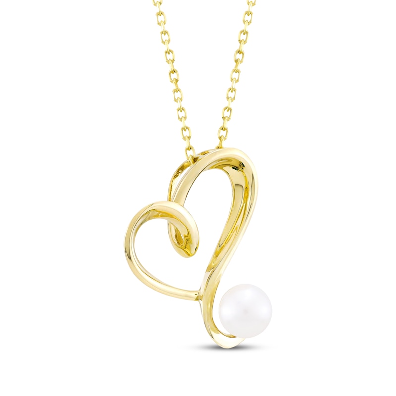 Cultured Pearl Tilted Heart Necklace 10K Yellow Gold 18"