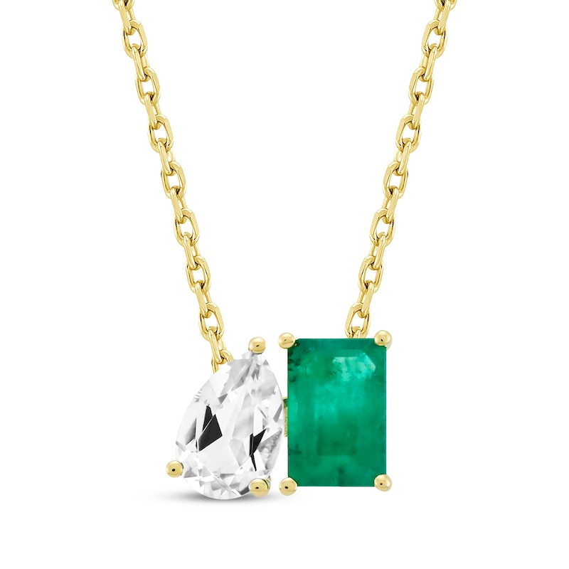 Toi et Moi Pear-Shaped White Topaz & Emerald-Cut Emerald Necklace 10K Yellow Gold 18"