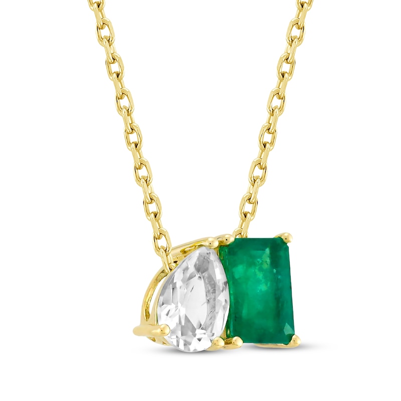 Toi et Moi Pear-Shaped White Topaz & Emerald-Cut Emerald Necklace 10K Yellow Gold 18"