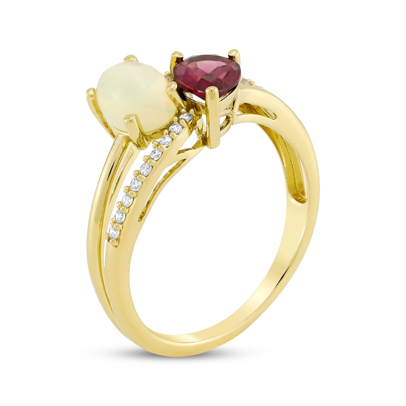 Toi et Moi Oval-Cut Opal & Pear-Shaped Rhodolite Garnet Ring 1/10 ct tw Diamonds 10K Yellow Gold
