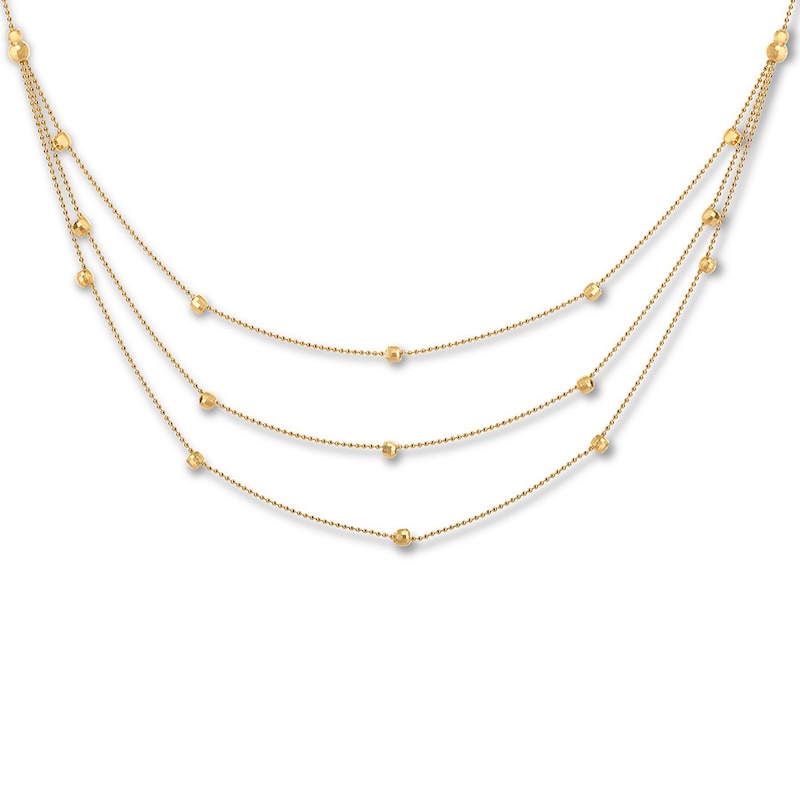 Triple Strand Station Necklace 14K Yellow Gold 17"