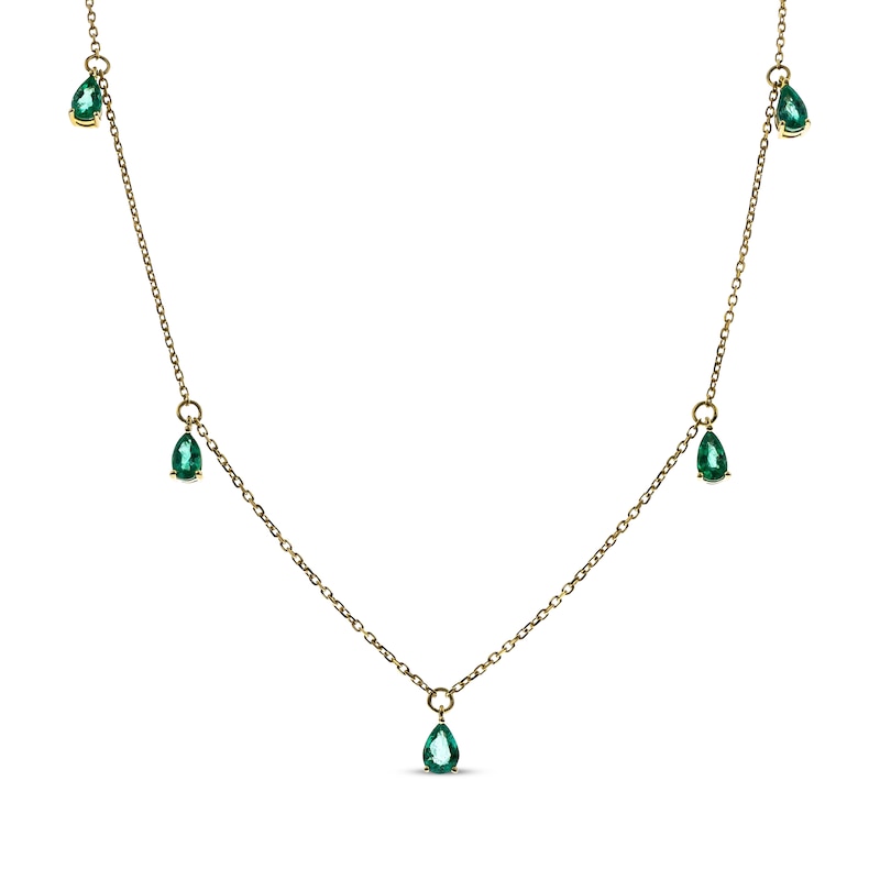 Pear-Shaped Emerald Dangle Station Necklace 10K Yellow Gold 18"