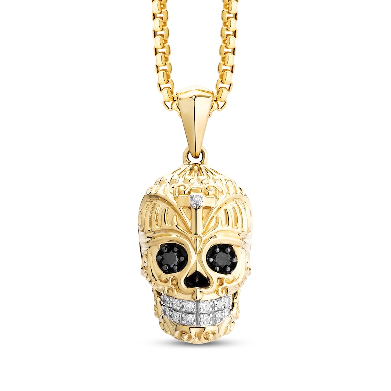 Men's Black & White Diamond Skull Necklace 1/8 ct tw 10K Yellow Gold 22"