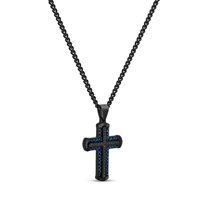 Men's Black Diamond Cross Necklace 1/4 ct tw Black & Blue Ion-Plated Stainless Steel 24"