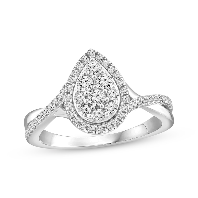 Multi-Diamond Center Pear Halo Engagement Ring 1/2 ct tw 14K White Gold