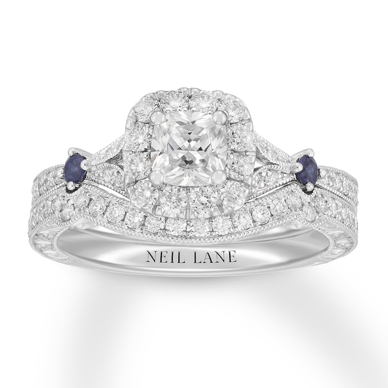 Neil Lane Blue Sapphire & Diamond Bridal Set 1-1/8 ct tw Cushion & Round-cut 14K White Gold