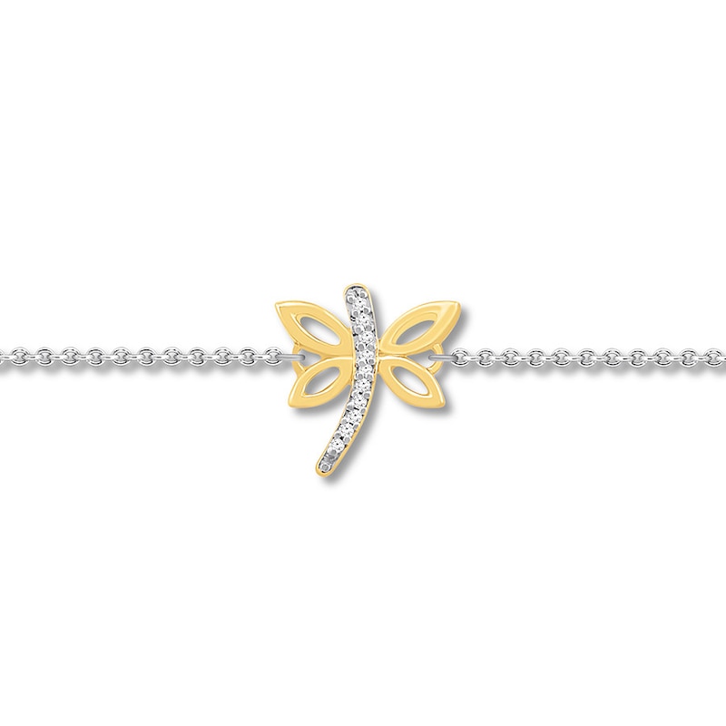 Dragonfly Anklet with Diamonds Sterling Silver & 10K Yellow Gold 10"
