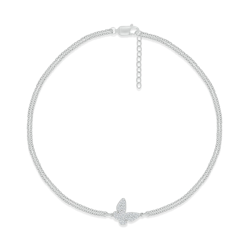 Diamond Butterfly Double-Strand Anklet 1/8 ct tw Round-cut Sterling Silver 9"