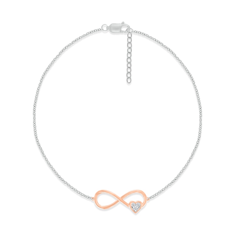 Diamond Infinity Heart Anklet 1/20 ct tw Round-cut Sterling Silver & 10K Rose Gold 9"
