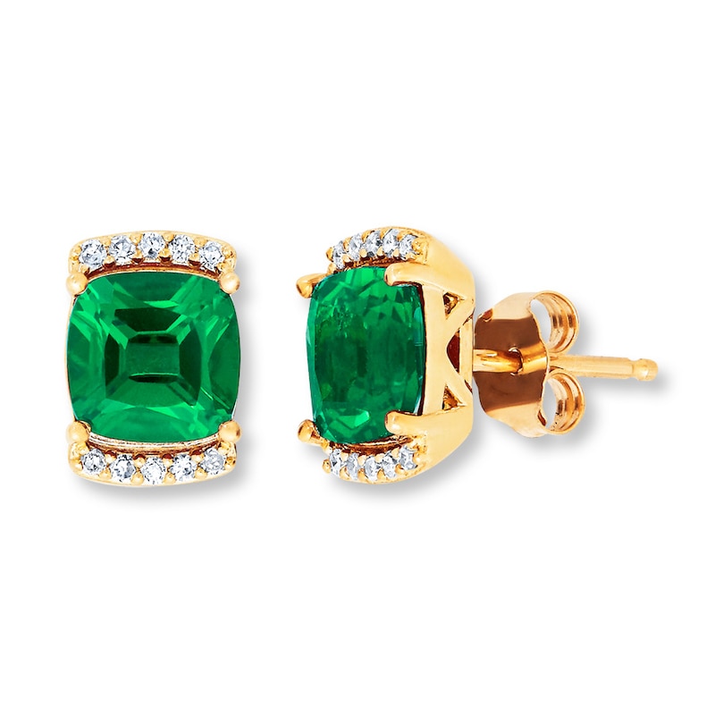 Lab-Created Emerald Earrings 1/10 cttw Diamonds 10K Yellow Gold
