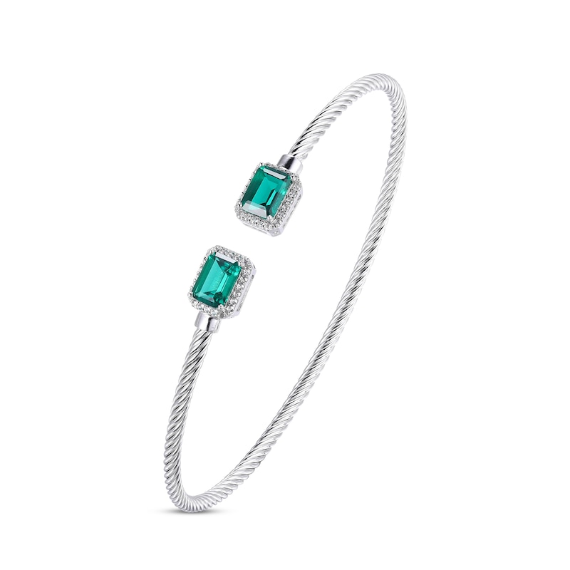 Lab-Created Emerald & White Lab-Created Sapphire Rope Cuff Bangle Bracelet Sterling Silver