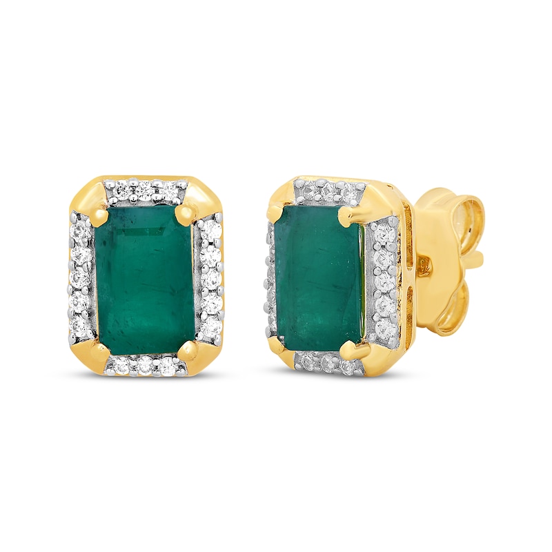 Emerald-Cut Emerald & Round-Cut Diamond Stud Earrings 1/10 ct tw 10K Yellow Gold