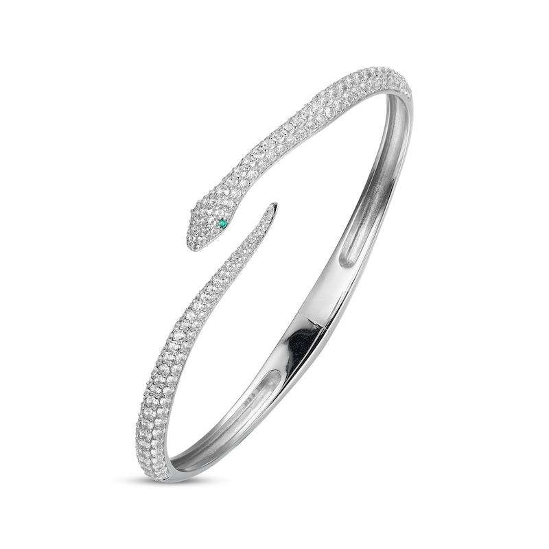 Lab-Created Emerald & White Lab-Created Sapphire Snake Bypass Bangle Bracelet Sterling Silver