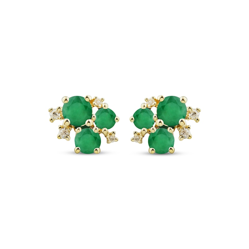 Emerald Trio & Diamond Cluster Stud Earrings 1/20 ct tw 10K Yellow Gold