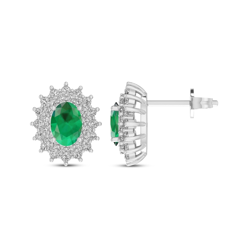 Oval-Cut Lab-Created Emerald & White Lab-Created Sapphire Starburst Earrings Sterling Silver
