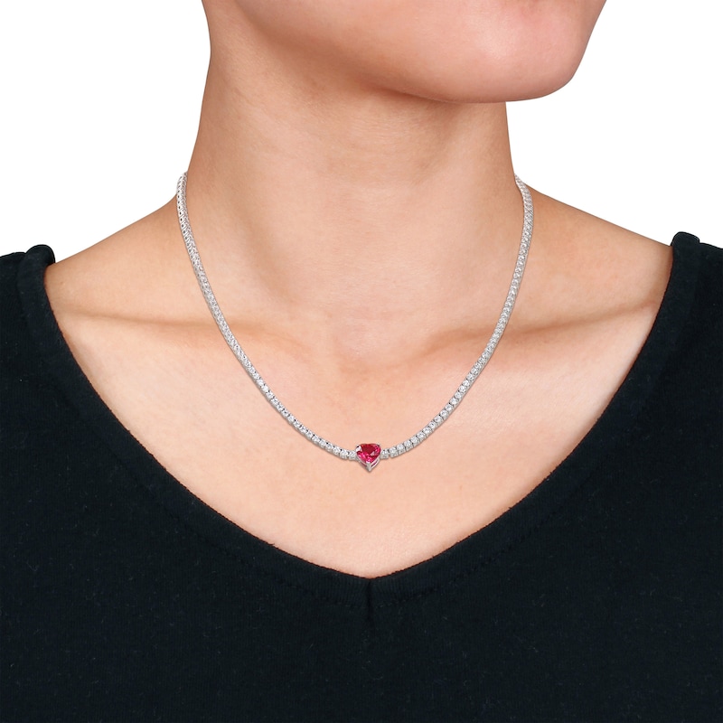 Heart-Shaped Lab-Created Ruby Choker Necklace Sterling Silver 15"