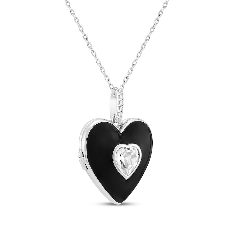 Heart-Shaped White Lab-Created Sapphire Black Enamel Heart Locket Necklace Sterling Silver 18"