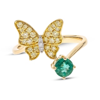 Natural Emerald & Diamond Butterfly Bypass Ring 1/4 ct tw 10K Two-Tone ...