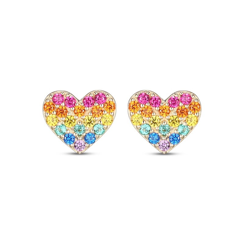 Multicolor Lab-Created Gemstone Rainbow Heart Earrings 10K Yellow Gold