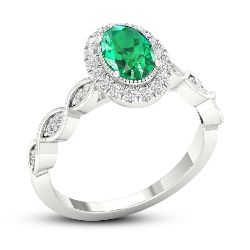 Diamond & Emerald Engagement Ring 1/5 ct tw Oval/Round-cut 10K White Gold