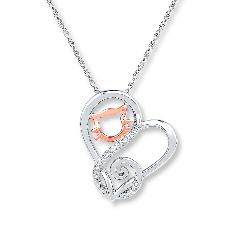 Cat/Heart Necklace 1/20 ct tw Diamonds Sterling Silver & 10K Rose Gold