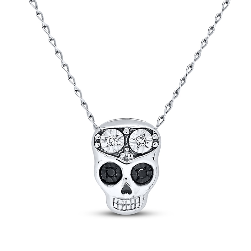 Young Teen Skull Necklace Black&White Diamonds Sterling Silver