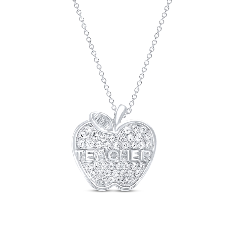 Diamond Teacher Apple Necklace 1/5 ct tw Round & Baguette Sterling Silver 18"