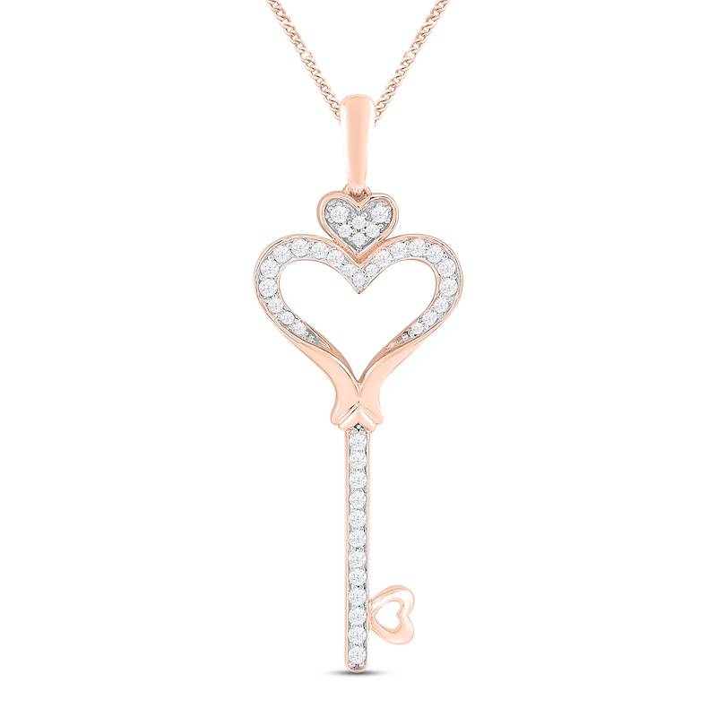 Diamond Heart Key Necklace 1/4 ct tw Round-cut 10K Rose Gold 19"