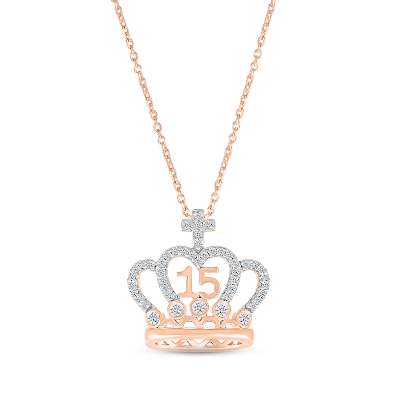 Diamond Quinceañera Crown Cross Necklace 1/5 ct tw Round-cut 10K Rose Gold 18"