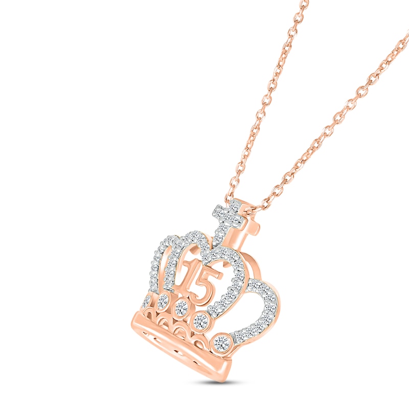 Diamond Quinceañera Crown Cross Necklace 1/5 ct tw Round-cut 10K Rose Gold 18"