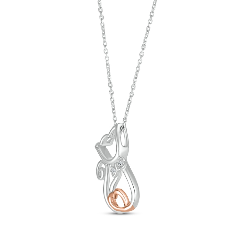 Diamond Cat with Bowtie & Heart Necklace Sterling Silver & 10K Rose Gold 18"