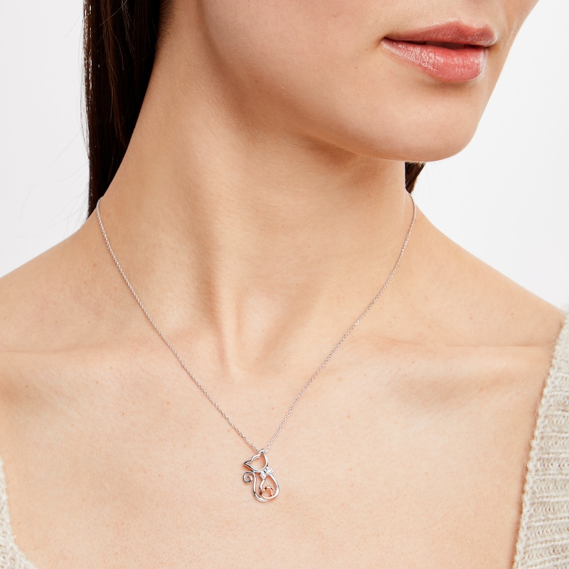 Diamond Cat with Bowtie & Heart Necklace Sterling Silver & 10K Rose Gold 18"