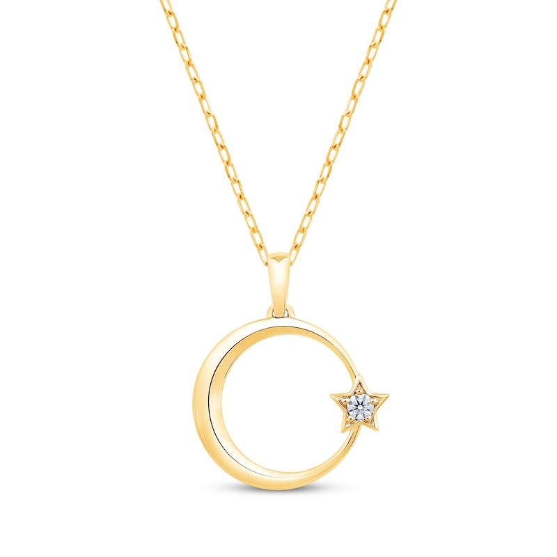 Round-Cut Diamond Solitaire Crescent Moon & Star Islam Necklace 1/20 ct tw 10K Yellow Gold 18”