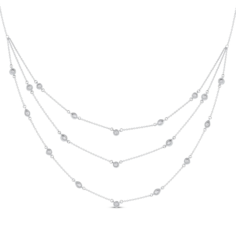 Pear-Shaped and Round-Cut Diamond Station Triple-Layer Necklace 1 ct tw 10K White Gold 16"