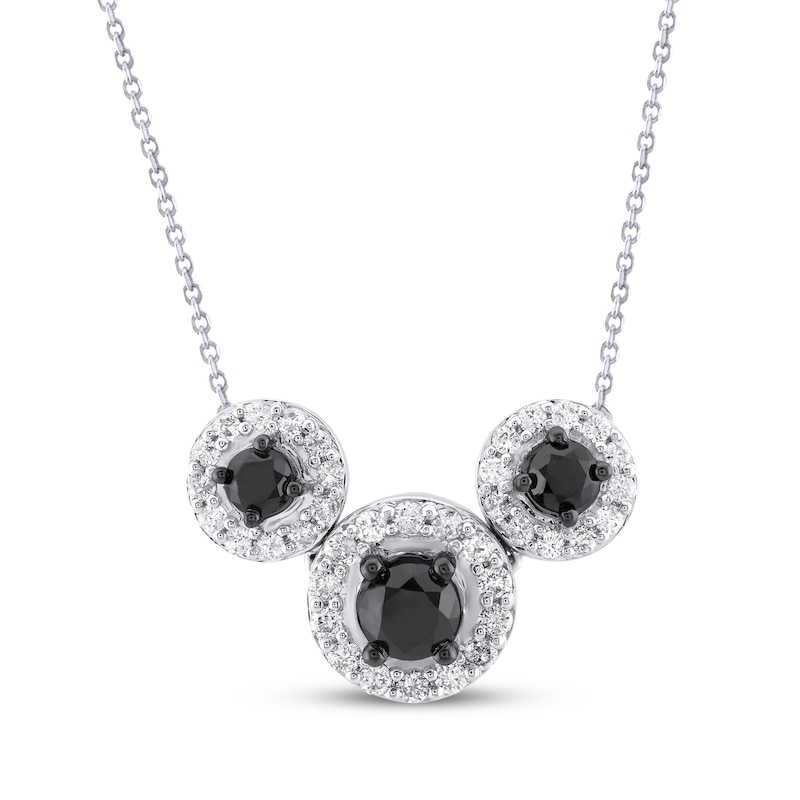 Black & White Diamond Three-Stone Halo Necklace 1 ct tw 10K White Gold 18"