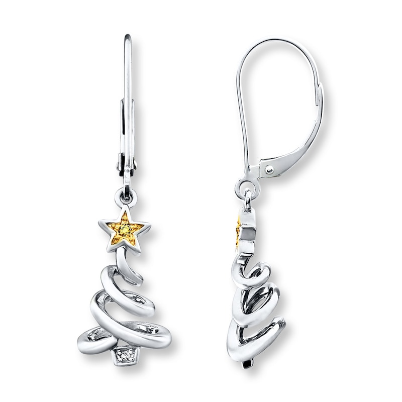 Christmas Tree Earrings Yellow & White Diamonds Sterling Silver