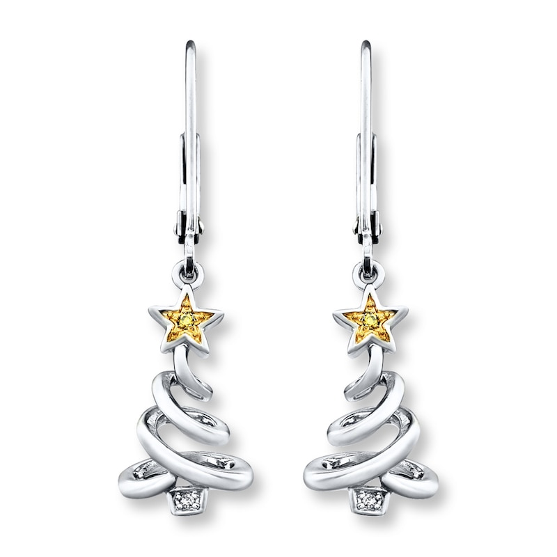 Christmas Tree Earrings Yellow & White Diamonds Sterling Silver