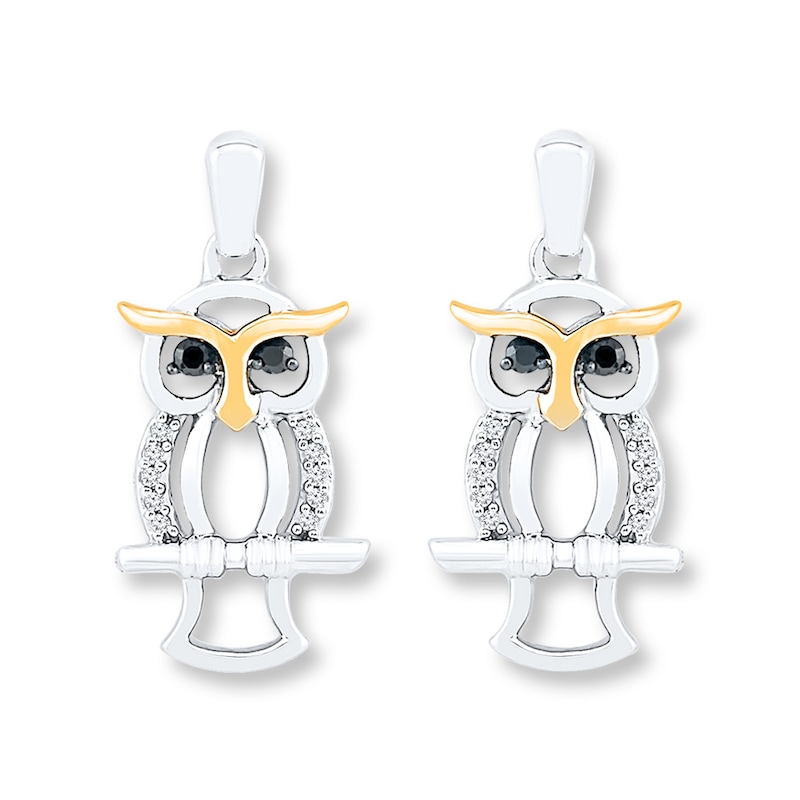 Owl Earrings 1/8 ct tw Diamonds Sterling Silver & 10K Yellow Gold