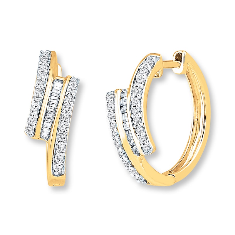 Hoop Earrings 1/2 ct tw Round & Baguette Diamonds 10K Yellow Gold
