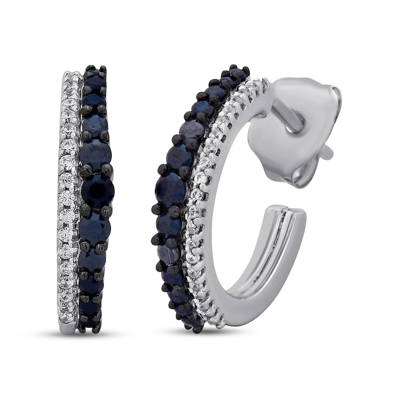 Black & White Diamond Huggie Hoop Earrings 1/3 ct tw Round-cut Sterling Silver