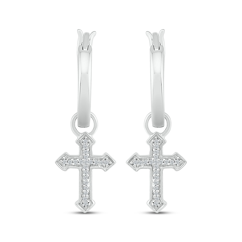 Diamond Gothic-Style Cross Dangle Hoop Earrings 1/15 ct tw Sterling Silver