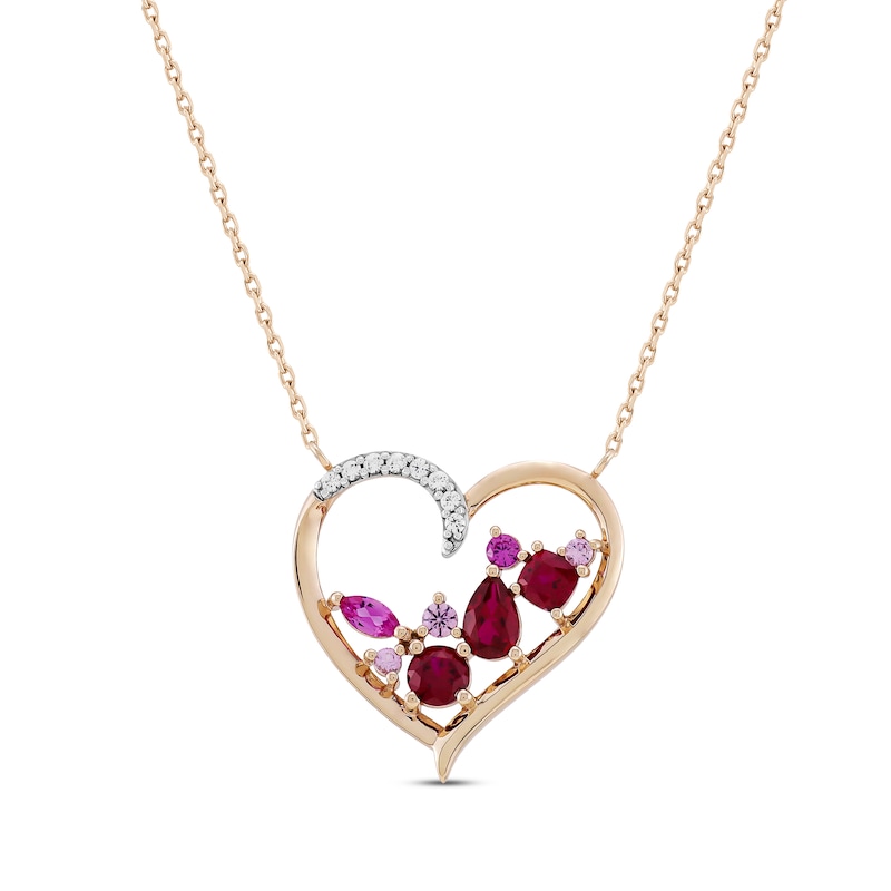 Vibrant Shades Lab-Created Ruby, Pink & White Lab-Created Sapphire Cluster Heart Necklace 10K Rose Gold 18"