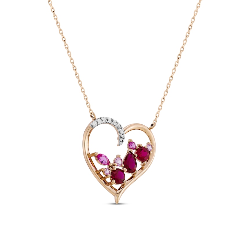Vibrant Shades Lab-Created Ruby, Pink & White Lab-Created Sapphire Cluster Heart Necklace 10K Rose Gold 18"