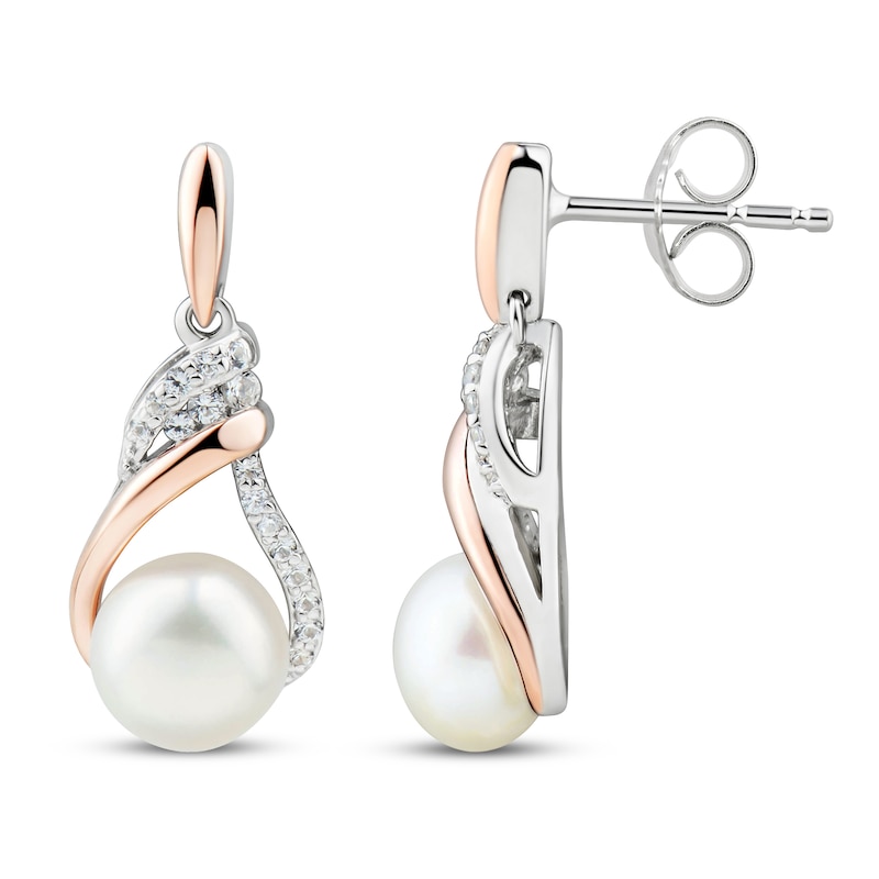 Freshwater Cultured Pearl & White Lab-Created Sapphire Earrings 10K Rose Gold/Sterling Silver