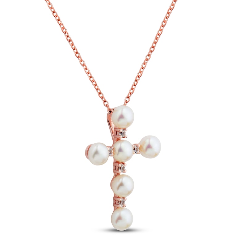 Freshwater Cultured Pearl & White Topaz Cross Necklace 10K Rose Gold 18"